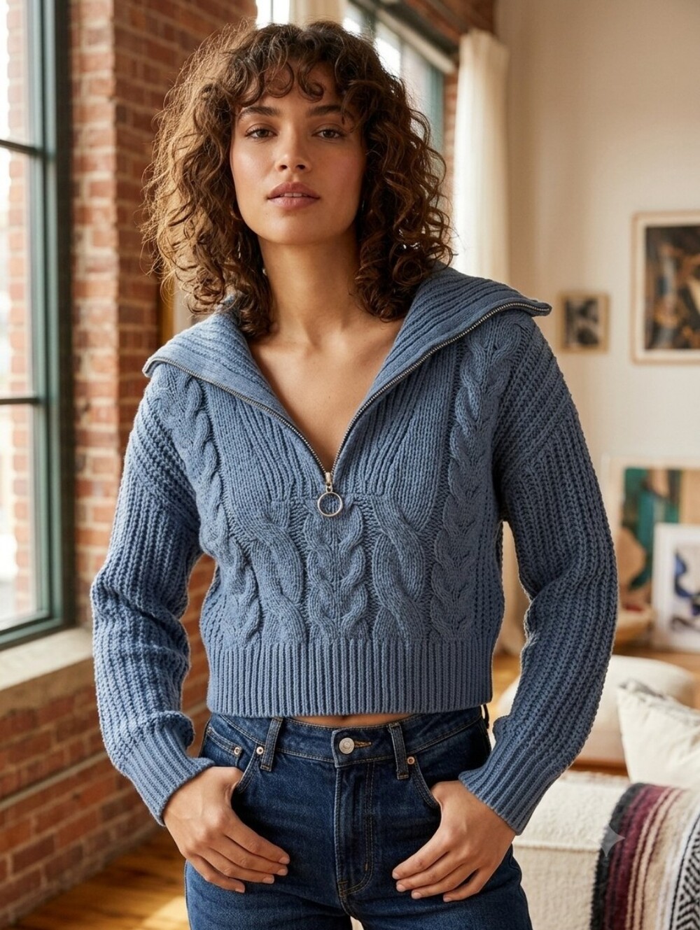 Pink Rose Slate Blue Cable Knit Half-Zip Sweater
